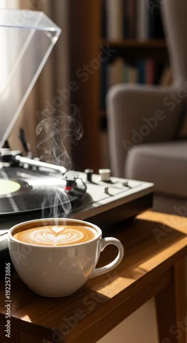 Obraz Coffee cup with latte art next to vintage turntable on table  