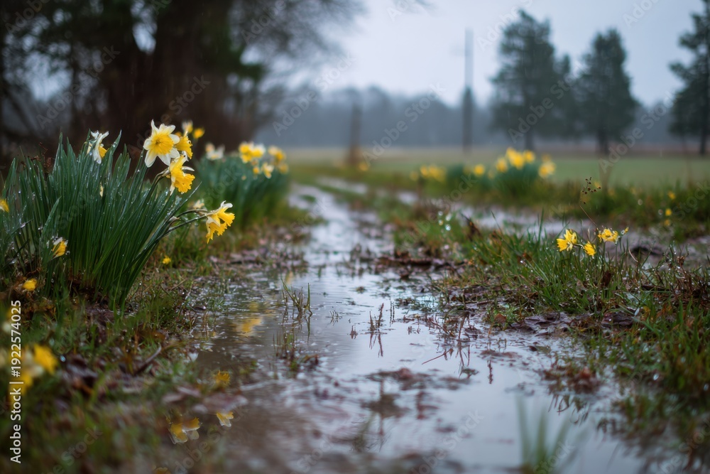 Obraz premium Rainfall in Early Spring and the Aroma of Wet Earth