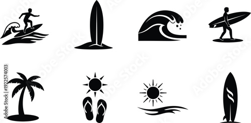 Surfing icon set with tropical elements and beach symbols