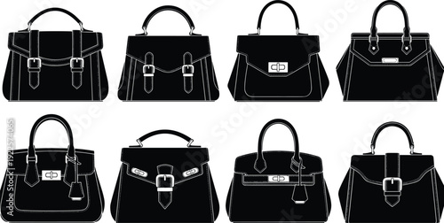 Set of Black Silhouette Women's Handbags with Buckles and Straps, Fashionable Female Purses for Shopping, Style, Accessories, and Retail Designs,