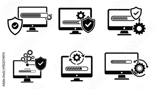 Black and white icons depicting computer updates security and progress bars