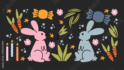 Retro cartoon Easter stickers with eggs, bunny, hen, candle, cake and flowers, celebrating Christian Resurrection, faith, church tradition and spring.