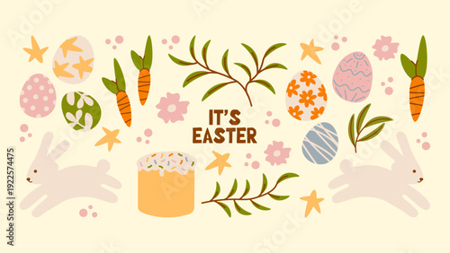 Retro 90s Easter stickers with cute bunnies, decorated eggs and floral elements. Playful groovy doodle vector set.