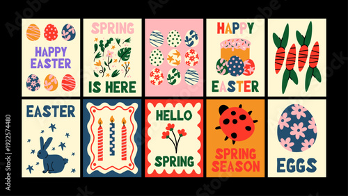 Spring Easter poster with flowers, eggs and joyful bunny characters. Cozy cartoon artwork designed for posters, wallpapers, greeting cards and home decor.