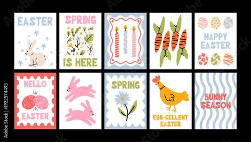 Spring Easter wall posters with cute rabbits, painted eggs and blooms. Trendy cartoon Matisse-style decor for interiors, postcards and gifts.