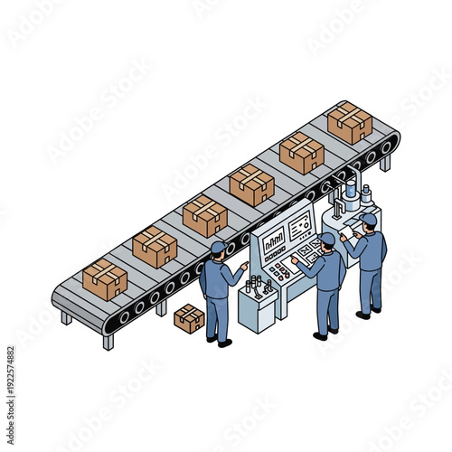 Workers oversee a conveyor belt system in a modern factory setting.