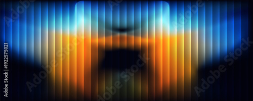 Amber and cyan light streaks on dark ribbed backdrop