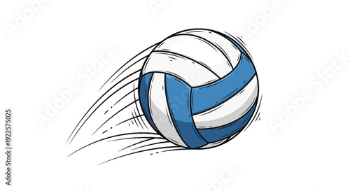 Stylized blue and white volleyball in motion with speed lines on a white background.