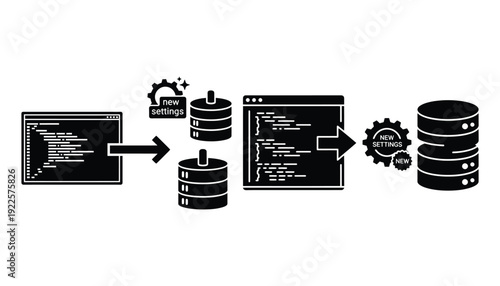 Data migration process depicted with server database and code illustrations