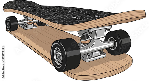 A classic wooden skateboard with black grip tape, silver trucks, and black wheels, viewed from a low angle.