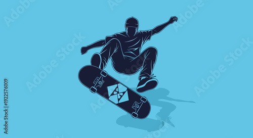 Dynamic silhouette illustration of a skateboarder performing an ollie trick in mid-air against a vibrant blue background, showcasing extreme sports action.