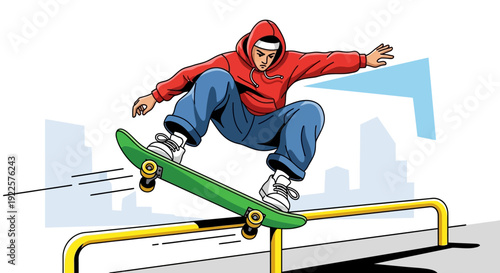 A male skateboarder in a red hoodie performs a grind trick on a yellow rail with a green skateboard in an urban setting.