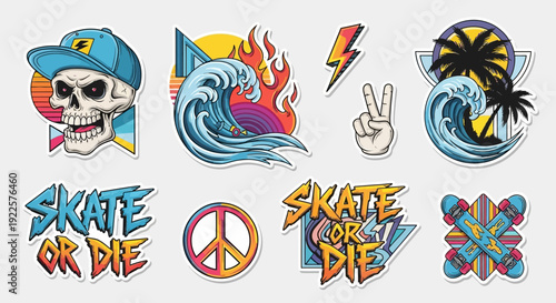 A collection of vibrant retro-style stickers featuring skulls, ocean waves, skateboards, peace signs, and "Skate or Die" text, embodying a cool counter-culture vibe.