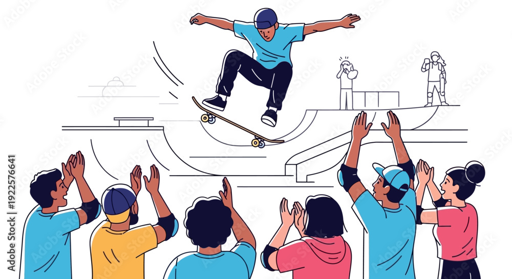 Fototapeta premium An illustration of a skateboarder performing an aerial trick in a skatepark, cheered on by an enthusiastic crowd.