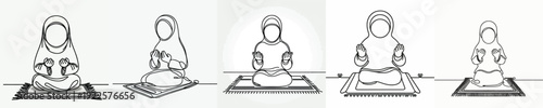 line art of a Muslim little girl sitting in prayer, raising both hands front view