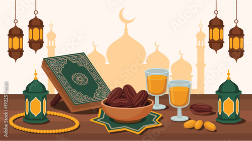 A serene Ramadan setup with lanterns, dates, and a Quran on a wooden table