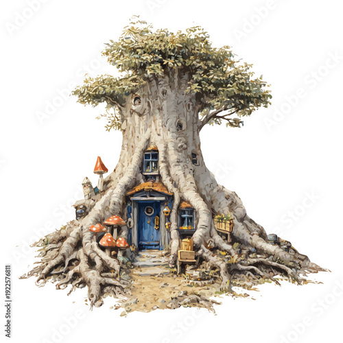 gnome home in tree root | tiny door and windows | mushroom fence | magical whimsical details | children's book illustration | enchanted forest setting | cozy miniature dwelling | playful storybook