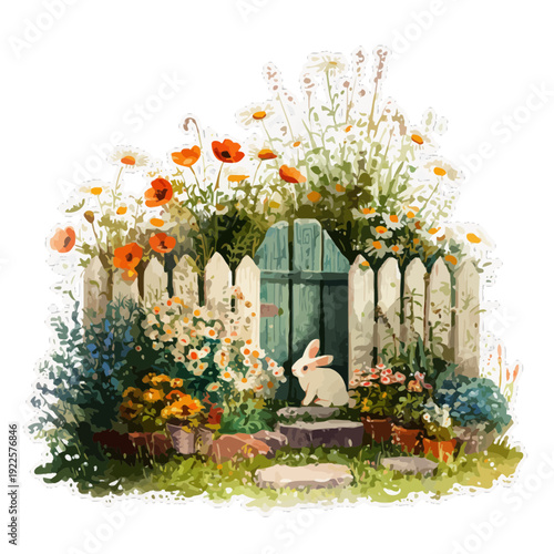 seasonal cottagecore art | spring garden with blooming flowers | rabbit | picket fence | watercolor style | cozy pastoral scene | soft pastel palette | whimsical outdoor illustration | charming floral