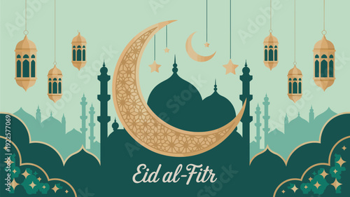 A vibrant illustration celebrating Eid al-Fitr with a mosque and crescent moon