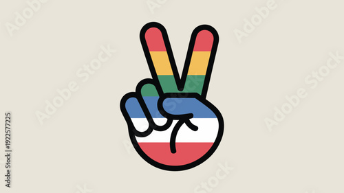 A colorful peace sign with a rainbow design on a beige background