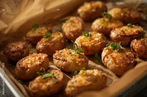 Wallpaper Mural Crispy smashed baby potatoes with herbs on rustic tray under soft natural light Torontodigital.ca