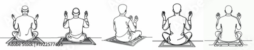 line art of a Muslim man sitting in prayer, raising both hands back view