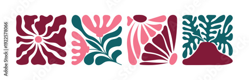 Collection of Matisse style abstract floral posters featuring bold organic shapes, decorative flowers, and botanical leaves in pink, teal, and burgundy tones with modern cut out inspired design