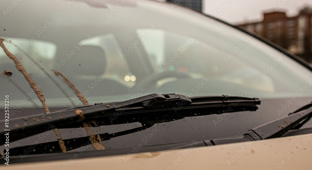 Obraz premium Mud splatters a car's windshield with wiper blades visible