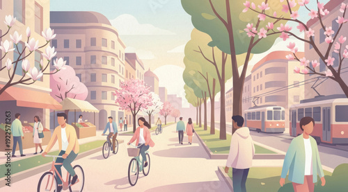 People walking and bicycling on a spring city street with blooming trees and tram. Urban lifestyle and public transport concept for travel.