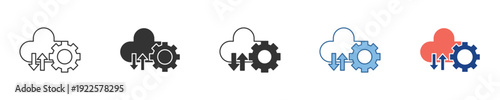 Versatile set of cloud computing icons illustrating data synchronization, server configuration, and online management settings for diverse technology platforms