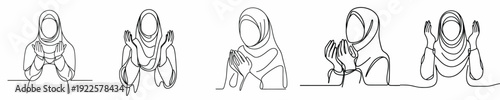 line art of a Muslim woman praying with a gesture of raising both hands