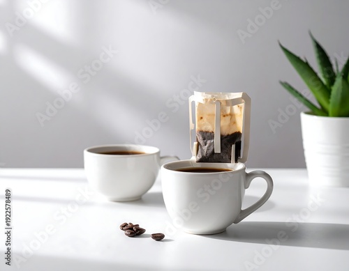Two white coffee cups on a table with coffee beans and a plant