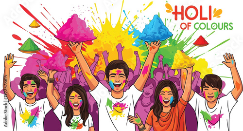 Holi Festival of Colours Celebration with Joyful People Throwing Gulal Powders, Multicolored Splashes, Decorative Text, and Festive Cultural Artwork Illustration