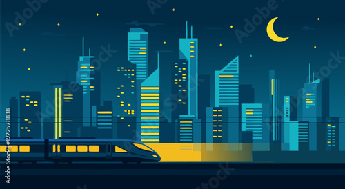 Serene Night Vector Illustration of a Futuristic City with a Sleek Train, Luminous Buildings, and a Crescent Moon Against a Starry Sky