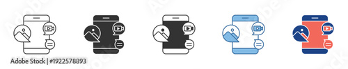 Conceptual icons for mobile digital communication, social media, multimedia sharing. Illustrates online interaction and modern smartphone connectivity