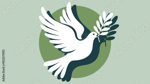 A white dove flying with an olive branch in its beak, symbolizing peace and harmony.