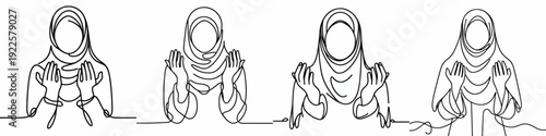 line art of a Muslim woman praying with a gesture of raising both hands