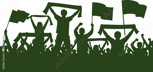 A diverse group of people celebrating and holding flags and scarves in a crowd.