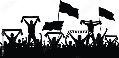 A diverse group of people celebrating and holding flags and scarves in a crowd.