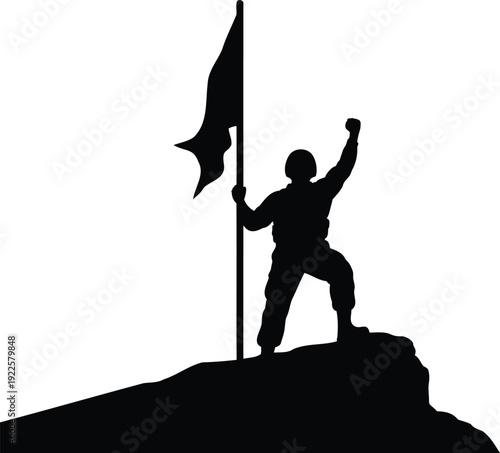 Silhouette of a triumphant figure standing on a cliff with a flag