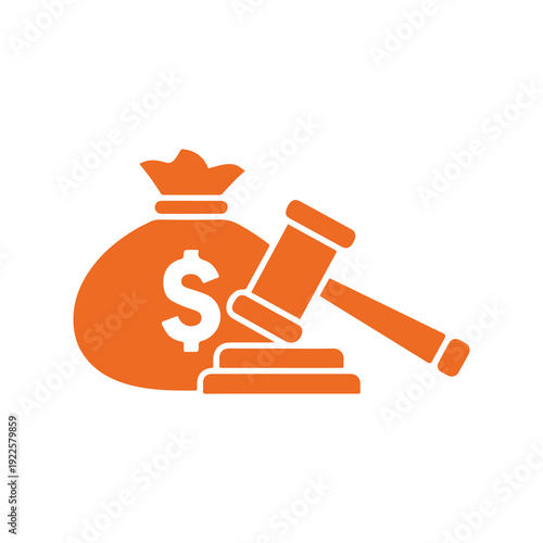 Orange money bag with dollar symbol and gavel symbolizing legal judgment and financial concepts