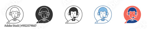 Set of customer service icons featuring agents with headsets in speech bubbles, representing online support, helpdesk services, and communication solutions