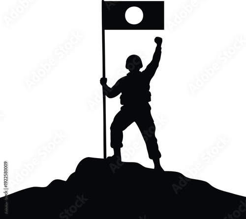 Silhouette of a triumphant figure standing on a cliff with a flag
