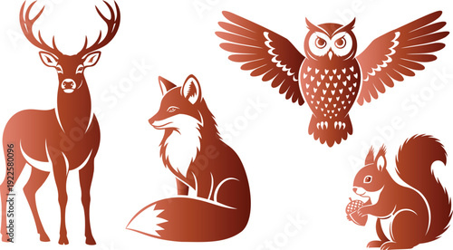 A collection of four wildlife silhouettes including a deer, fox, owl, and squirrel