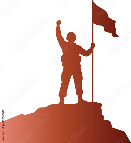 Silhouette of a triumphant figure standing on a cliff with a flag
