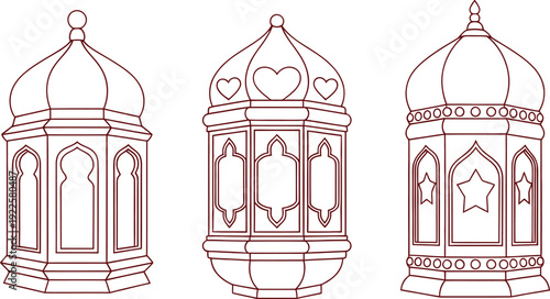 Three intricately designed hanging lanterns with ornate detailing and domed tops