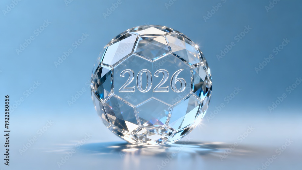 Naklejka premium Crystal transparent football with engraved 2026 inside. Elegant luxury concept symbolizing prestige of the global football tournament.