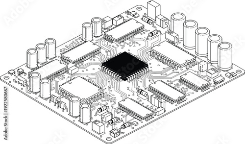 Isometric vector illustration of printed circuit board with integrated circuits, capacitors, resistors, and connectors showing complex electronic system design for technology, engineering, 