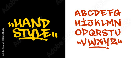 Hand Style Graffiti Alphabet and Tag Set. Bold Urban Lettering Collection for Streetwear Apparel and Modern Creative Branding Design.