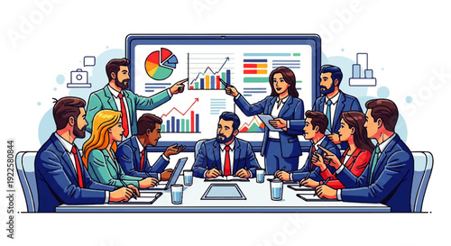 Professional business team collaborating on financial data analysis, reviewing growth charts and strategic planning during an important meeting, fostering project success and market insight